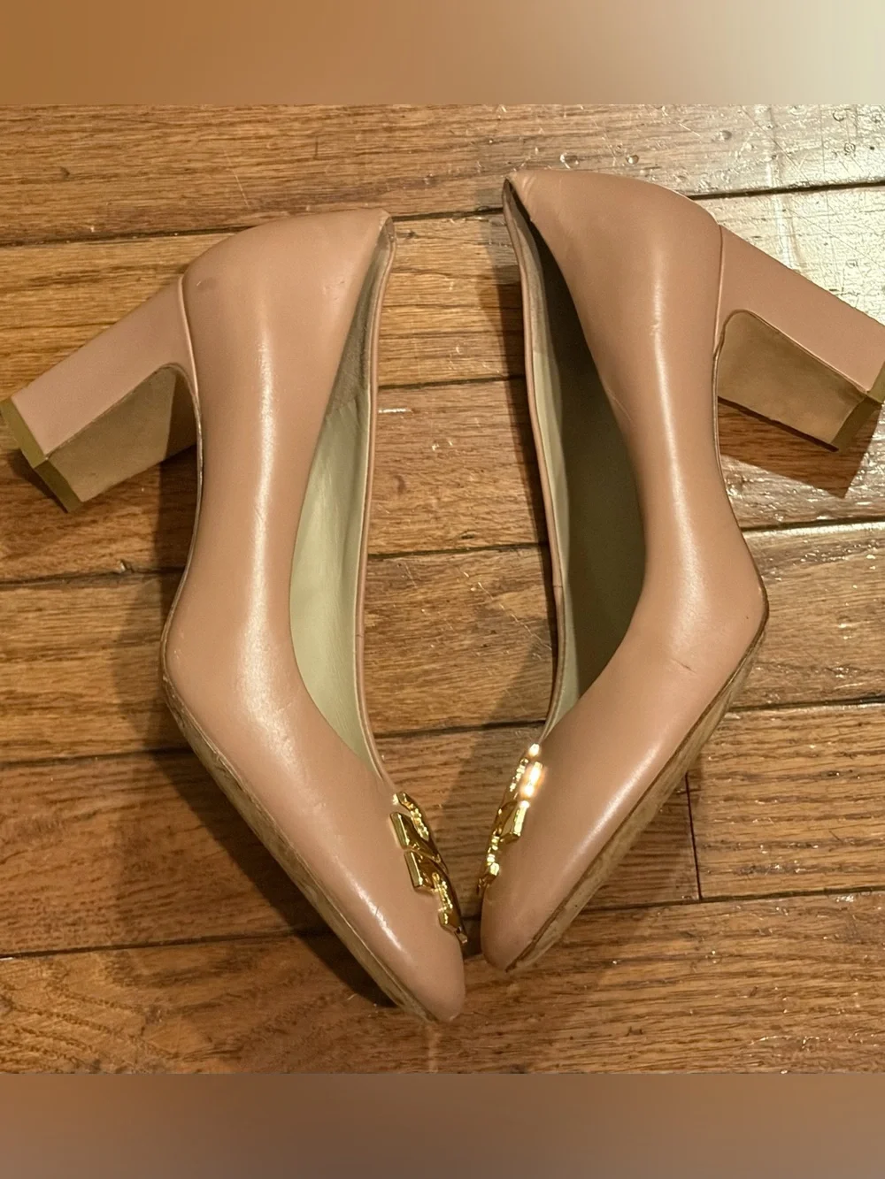 Tory Burch Blush Beige Leather Block Heel Pumps with Gold Logo